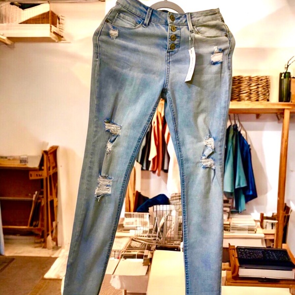 high rice crop Denim - Women’s Light Blue Distressed Skinny Jeans - High-Rise Button Fly